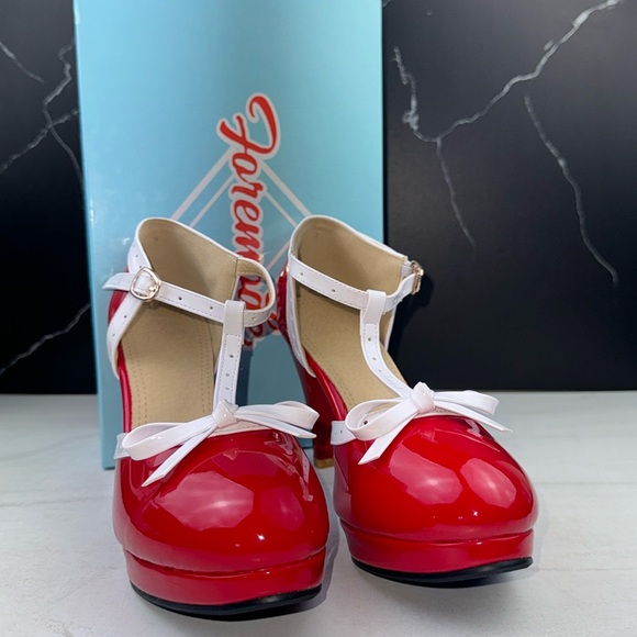 ForeMode Fashion T-Strap Bow Platform Round Toe High Heels Red/White sz 10.5 - Picture 1 of 14